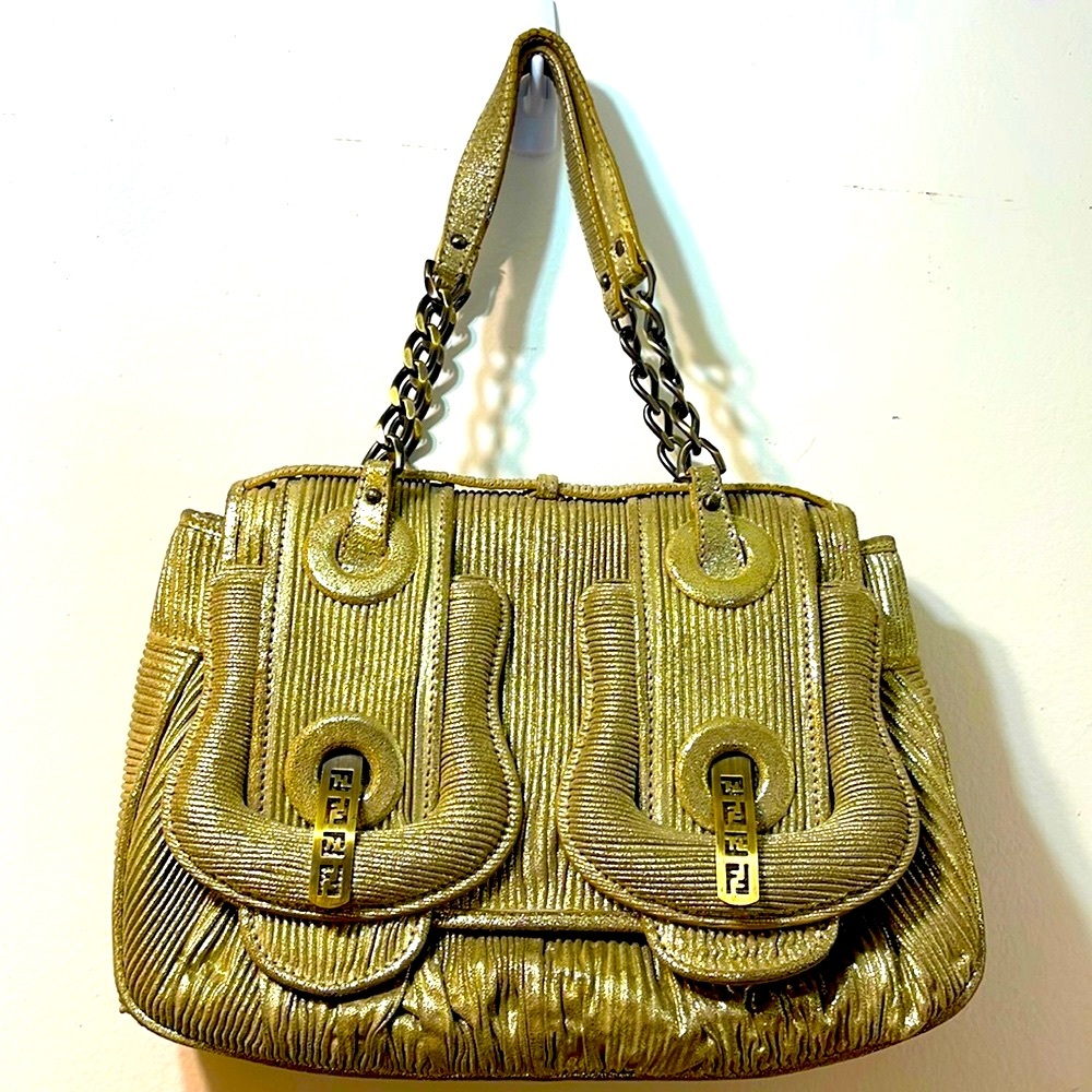 FENDI B-BAG HANDBAG  GOLD LAMINATED LAMB LEATHER HAND BAG GOLDEN